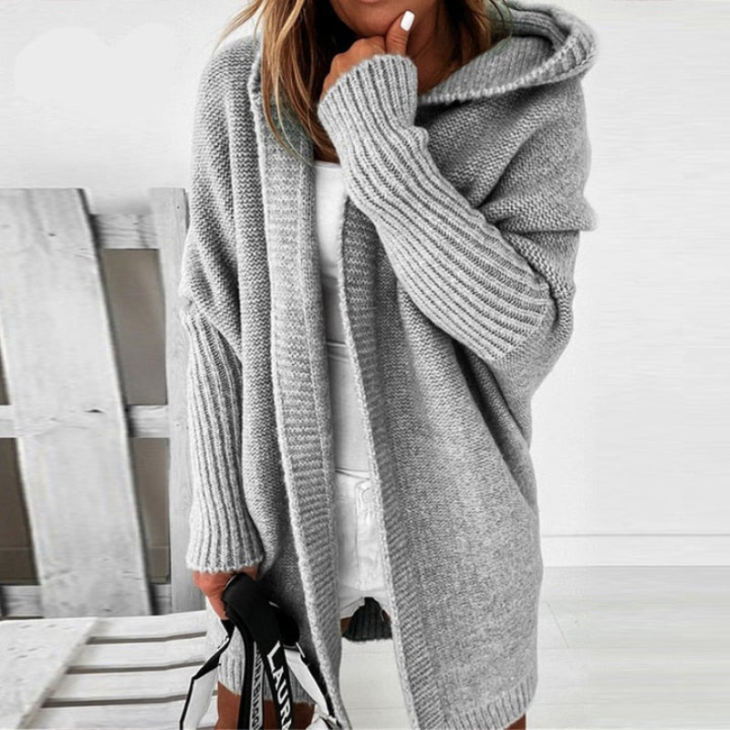 Lange Strickjacke mit Kapuze für Frauen