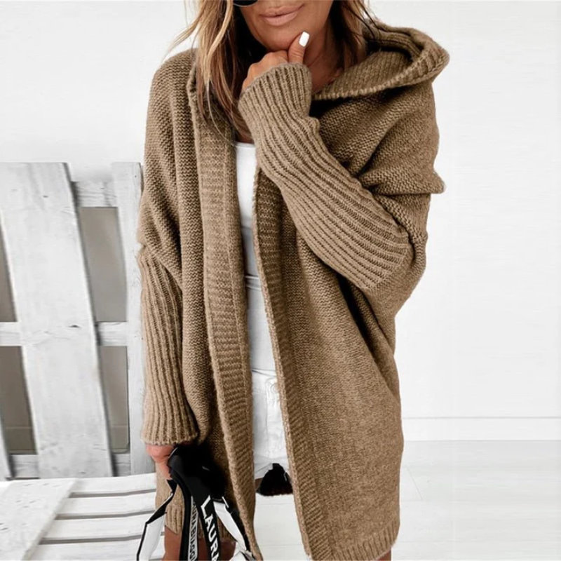 Lange Strickjacke mit Kapuze für Frauen