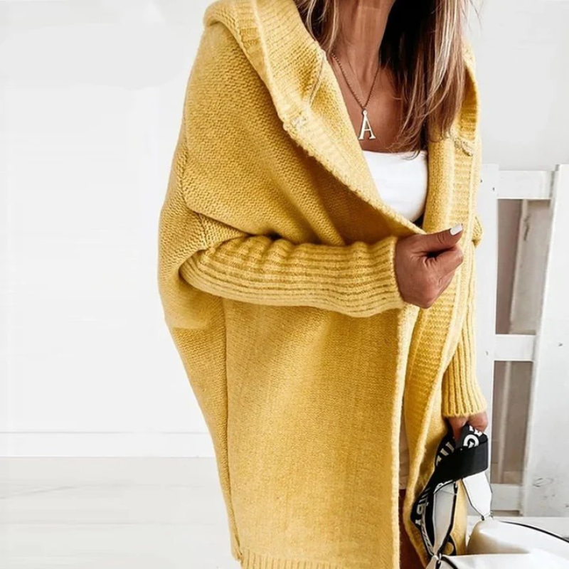 Lange Strickjacke mit Kapuze für Frauen